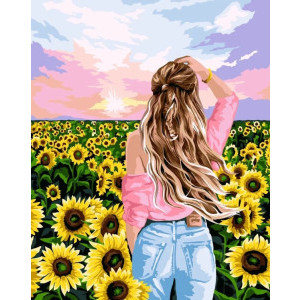 Рисуване по номера Момиче в слънчогледи, с подрамка, 40х50 см.