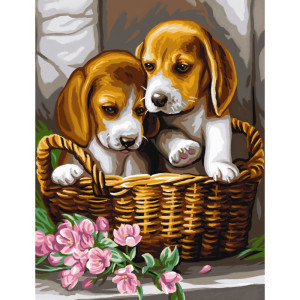 Рисуване по номера с акрилни бои "Кученца в кошница"