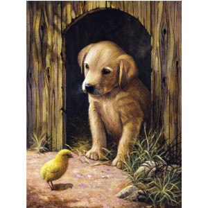 Рисуване по номера Кученце и пиле, Junior, с акрилни бои 22х30 см.