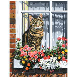 Рисуване по номера Котка на прозорец, с акрилни бои върху платно, 23х30 см.