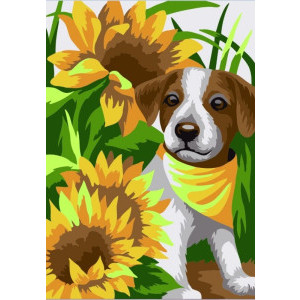 Рисуване по номера Куче в слънчогледи, с подрамка, 13х16.5 см.