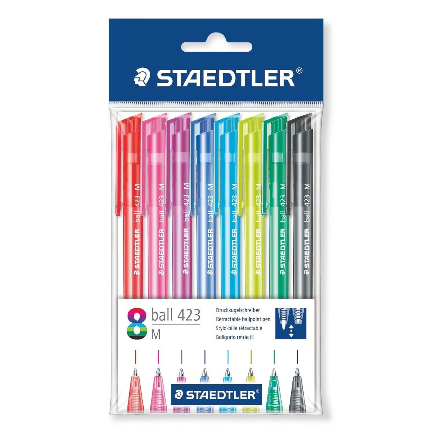 Химикалки Staedtler 423, триъгълни, с механизъм, асорти, 8 цвята