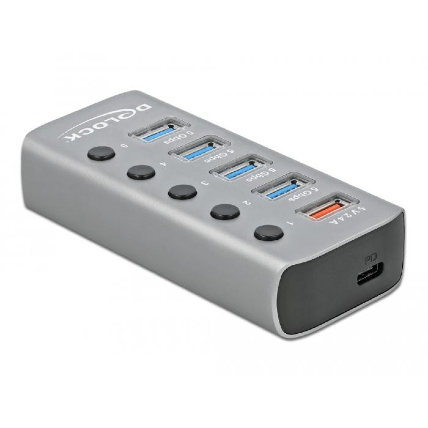 USB хъб Type-C Delock 42638, 4 x USB-A, 1 Fast Charging Port, 1 x USB-B, 1 x USB-C PD, Подсветка, Сив