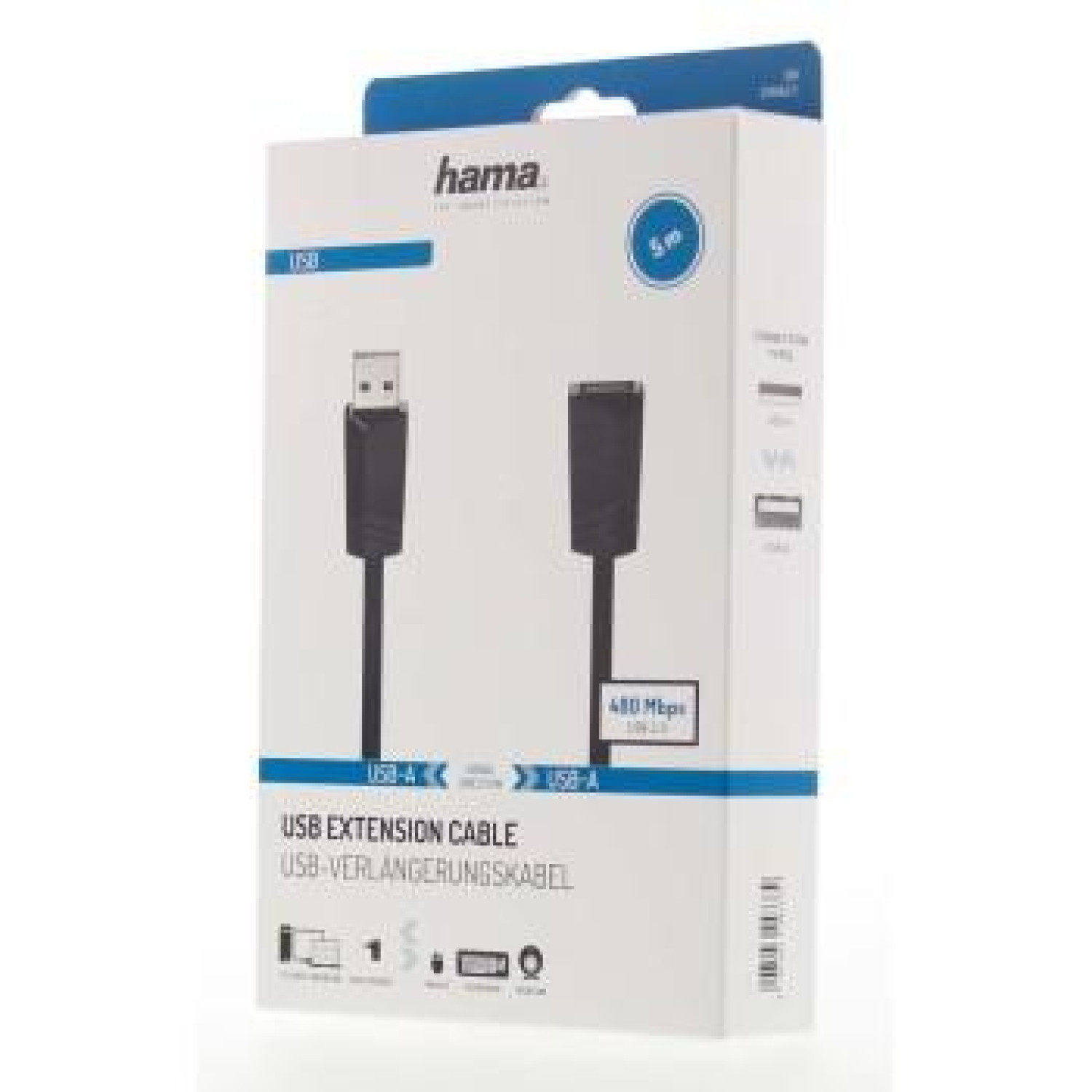 Удължителен кабел HAMA 200621 USB-A женско - USB-A мъжко, 5 м, екраниран, черен
