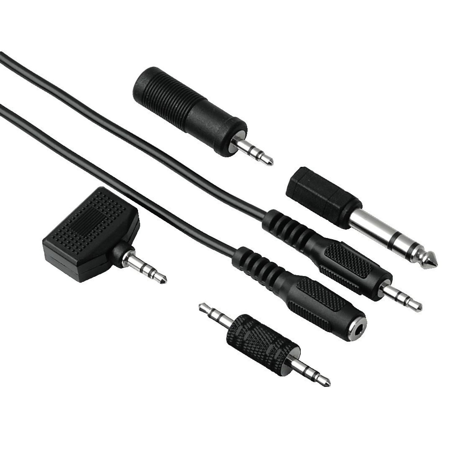Аудио кабел HAMA 43816, 3.5мм жак мъжко - 3.5мм жак женско, Комплект адаптери, 2.5м, Черен
