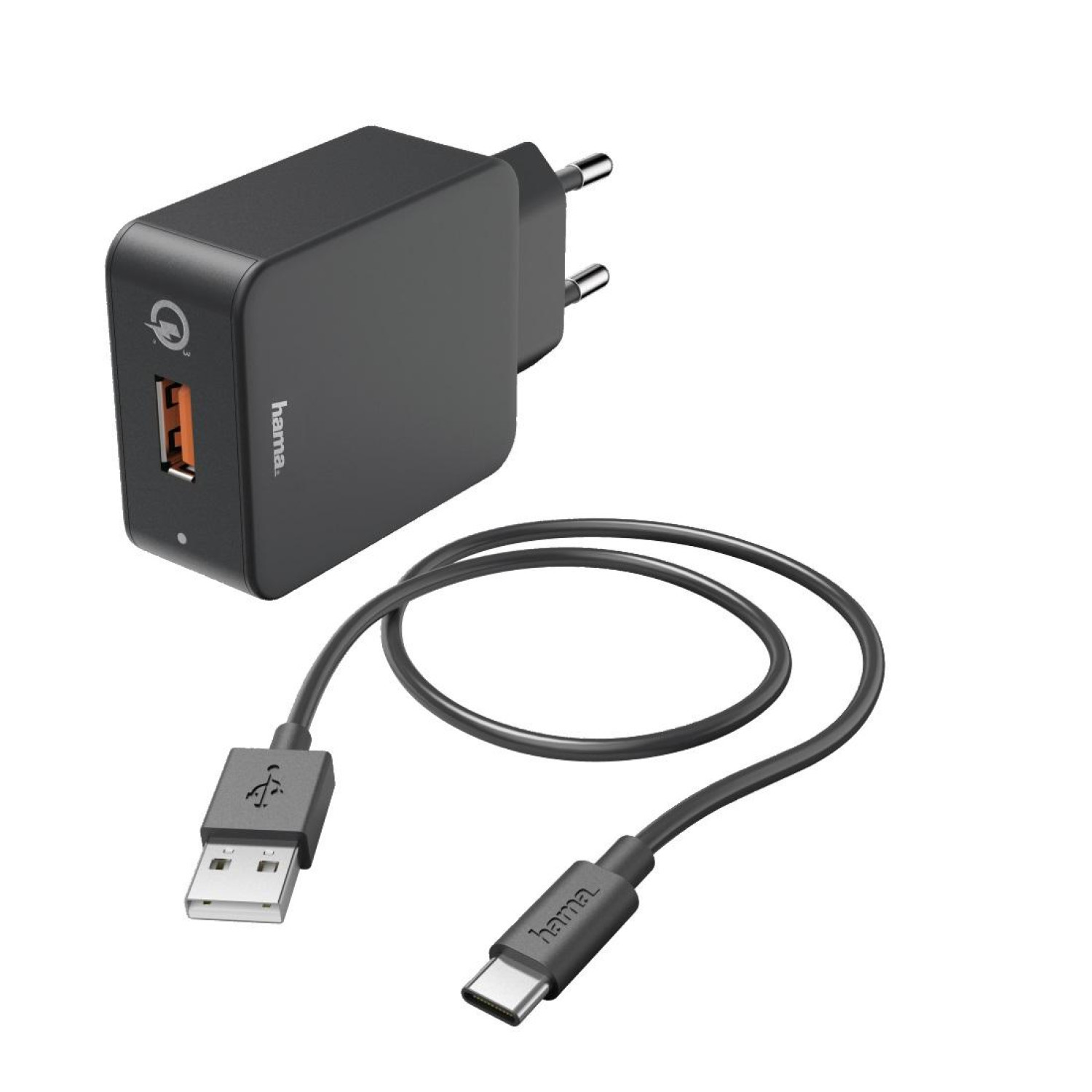 Зарядно 220V HAMA 183230, USB Type-C, 3 A,Qualcomm Quick Charge 3.0 + USB Type-C кабел, 1.5м, Черен