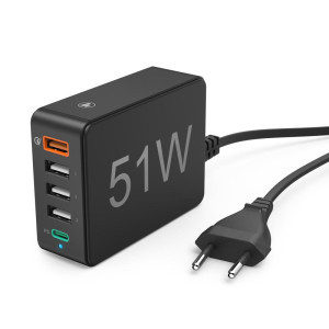 Мрежово зарядно HAMA 51 Watt, 5xUSB (1x QC3.0, 3x USB-A, 1x USB-C PD), Черно
