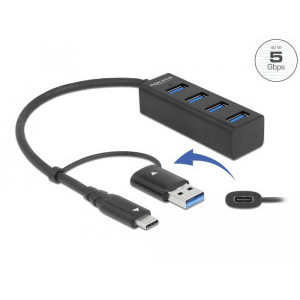 USB хъб Delock 63828, 3.2 Gen 1, 4 x USB-A, USB-C, USB-A конектор, Черен