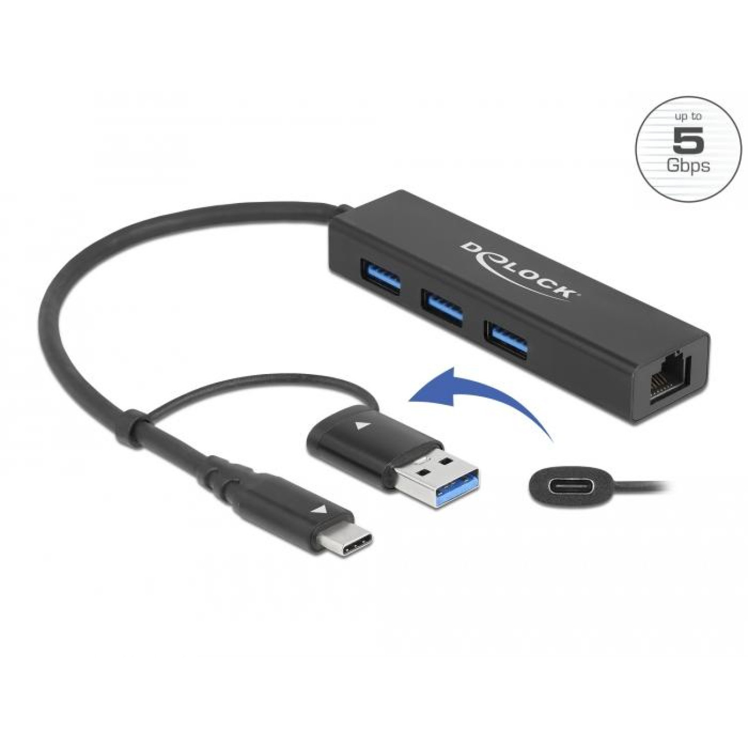 USB хъб Delock 64149, 3.2 Gen 1, 3 x USB-A, Gigabit LAN, USB-C, USB-A конектор, Черен