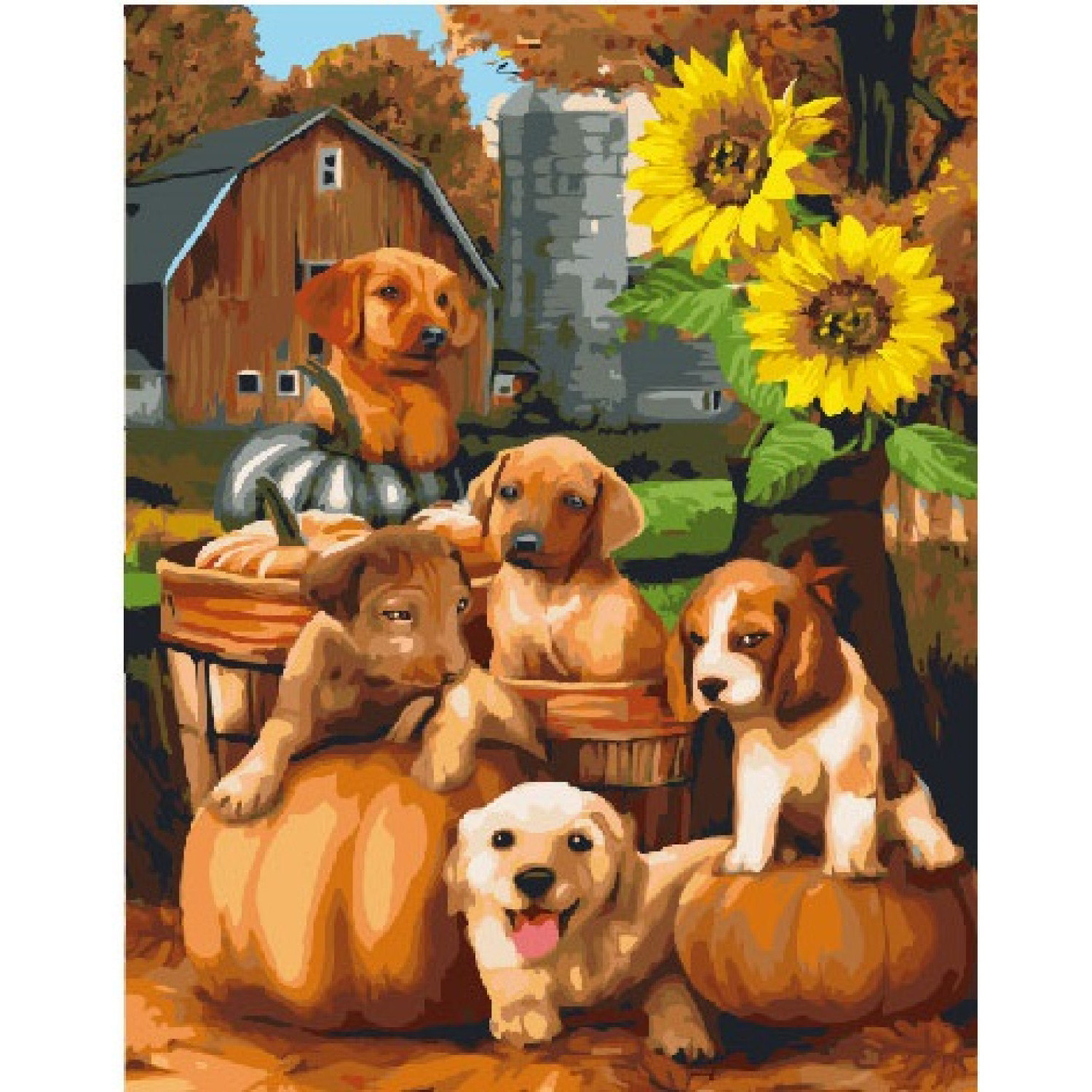Рисуване по номера Кучета и слънчоглед, с подрамка, 40х50 см.