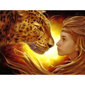 Диамантен гоблен Момиче и леопард, 40x50 см.