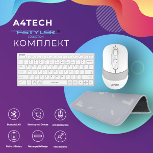 Комплект A4Tech FStyler безжична Bluetooth клавиатура с безжична мишка и пад, Grayish White