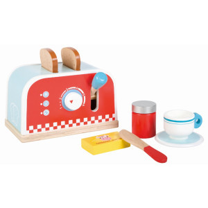 Детски дървен тостер, с комплект за закуска