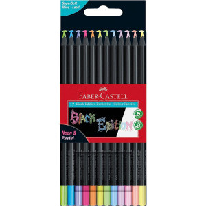 Цветни моливи Faber-Castell Black Edition, неон и пастел, 12 цвята